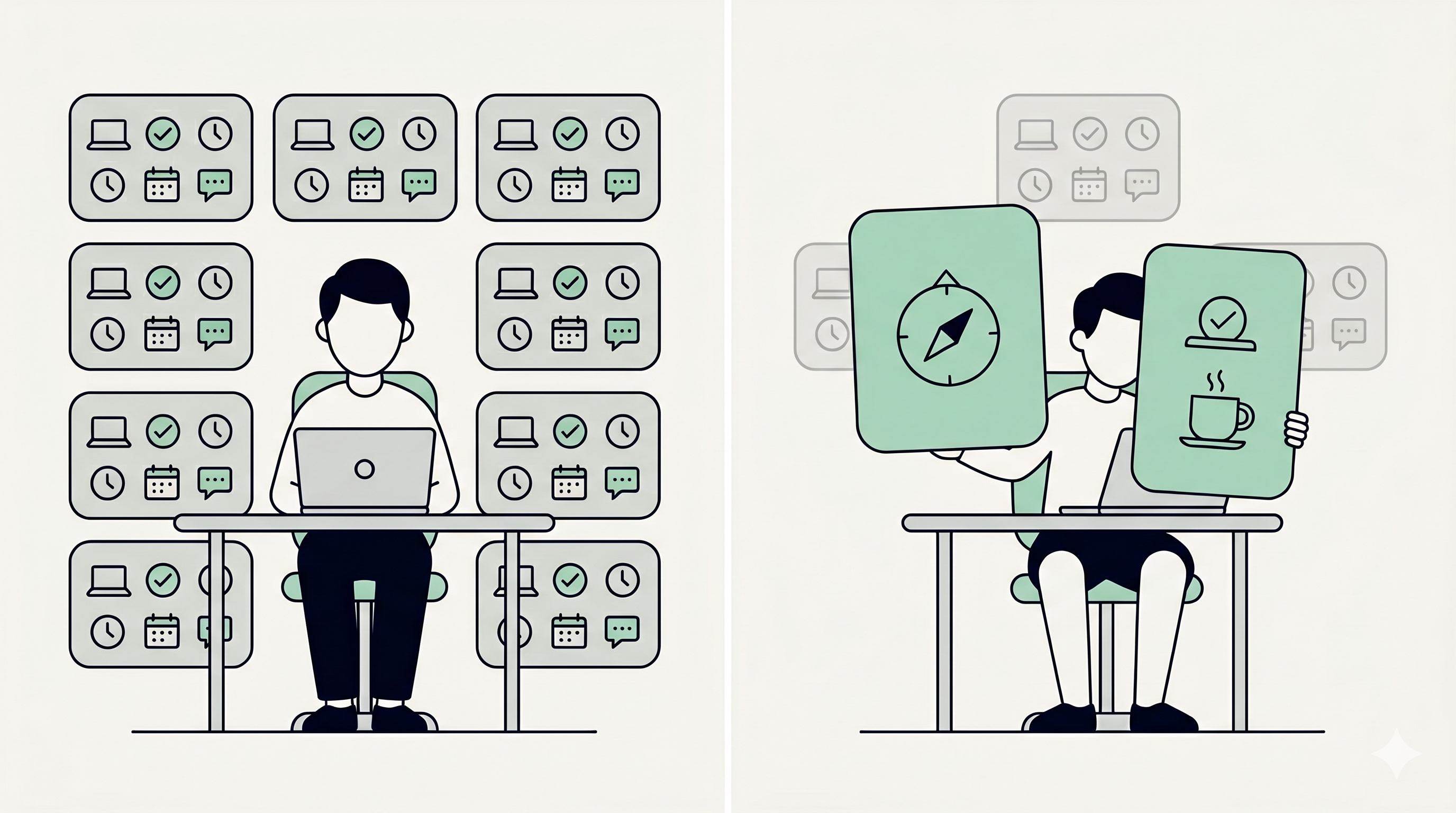 Quiet cracking transformation: left side shows worker surrounded by tasks and notifications performing on autopilot, right side shows focused person with compass and intentional action cards
